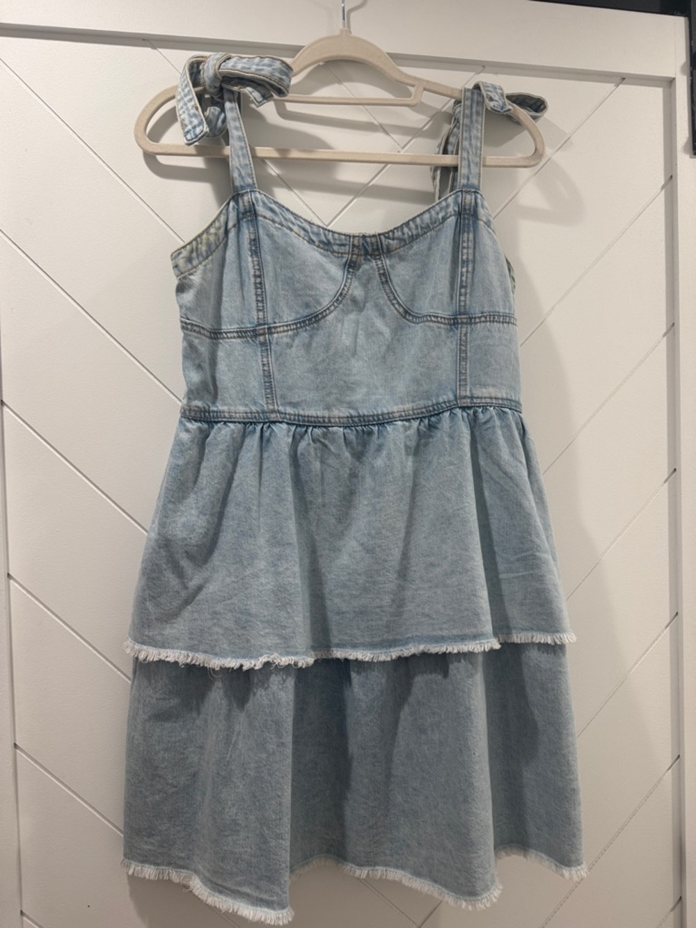 American Eagle Outfitters Light Blue Denim Tiered Mini Dress